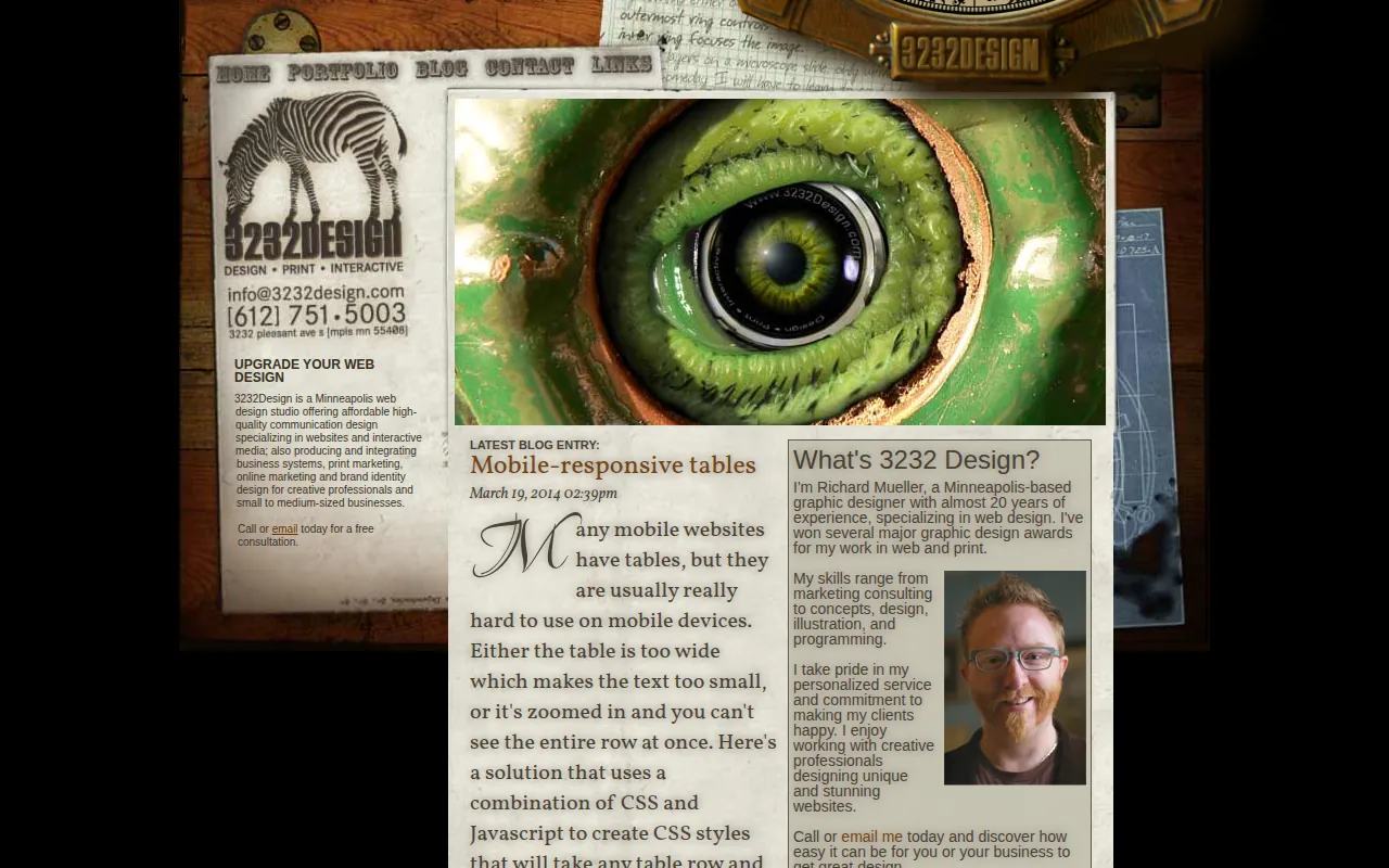 The 2013 3232 Design home page: the zebra card, a green eye set in stone, the latest blog entry and the studio’s introduction.